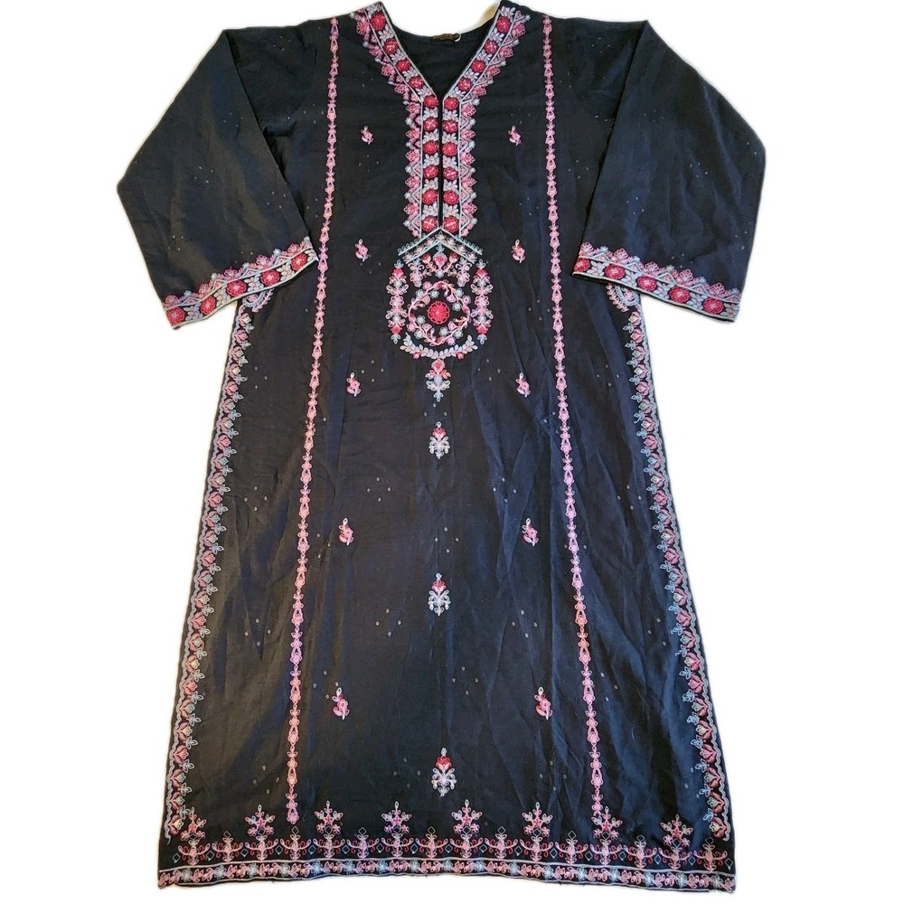 AGHA NOOR Kurti Tunic Dress Womens Medium Black Embroidered  Middle East Costume
